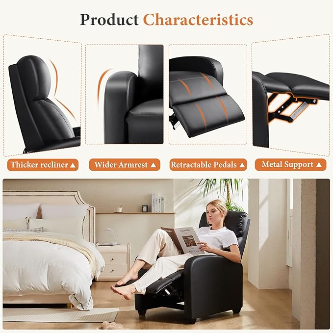 OLIXIS Recliner Chair for Adults, Home Theater Seating with Lumbar Support | Fabric Reclining Sofa for Adults, Sofa Chair Seat, Living Room, Recliners, Black