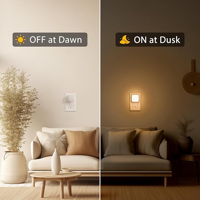 LED Night Lights Plug into Wall, 4 Pack Nightlights With Light Sensor Dusk to Dawn, 0.3W Square Plug in Night Light for Kids, 3000K Warm White Night Light for Bathroom Bedroom Kitchen, Night Lights
