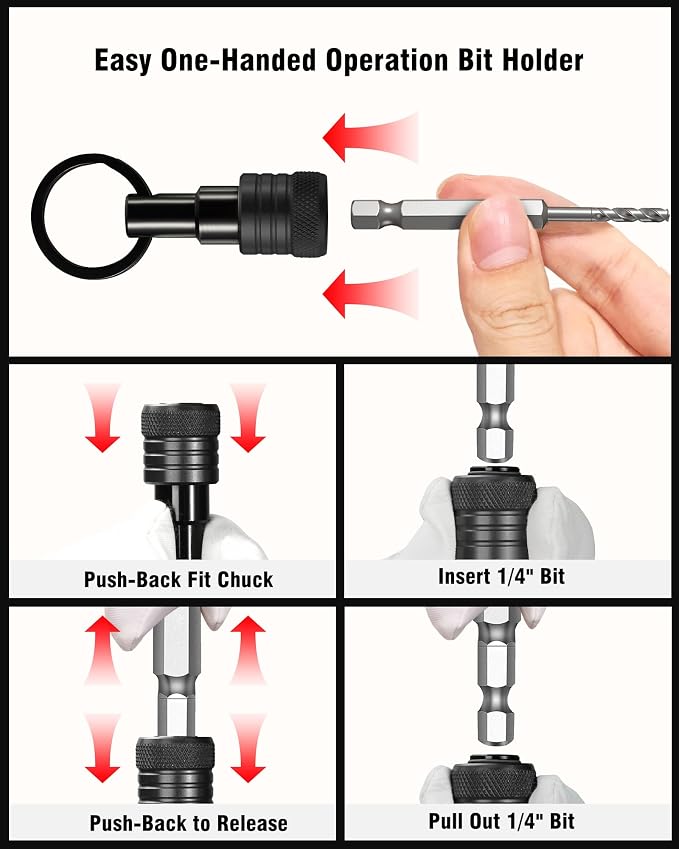 Katerk Bit Holder Keychain 12 Pcs, 1/4-Inch Hex Shank, Quick Release, Black | Aluminum Alloy, Impact Drivers, Drill Bits, Tool Belt Use, Carabiner Clip, One-Handed Operation, Ball Lock, Compact Organizer