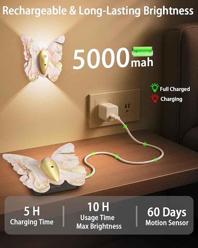 Eneru Motion Sensor Wall Sconce Set of 2, Rechargeable Wall Lights, Indoor | 5000mAh Battery Operated Wall Sconces, Magnetic Butterfly Motion Night Light for Hallway Stair Closet Pantry, Pink & Gold
