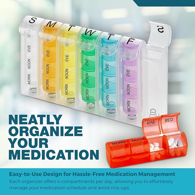 Weekly Pill Organizer - Pill Planners for Pills and Vitamins Day Week, 4 Times-a-Day Medication Reminder, AM PM Compartments Monday to Sunday for Travel or Purse