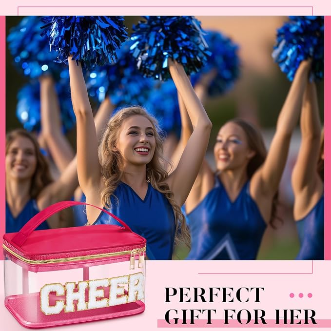 Geetery Chenille Letter Bag, Meds Cheer Travel Cases Cheerleader Gifts Cosmetic Bag Nylon Makeup Portable Preppy Patch with Zipper Toiletry Storage Case for Women(Hot Pink,Cheer)