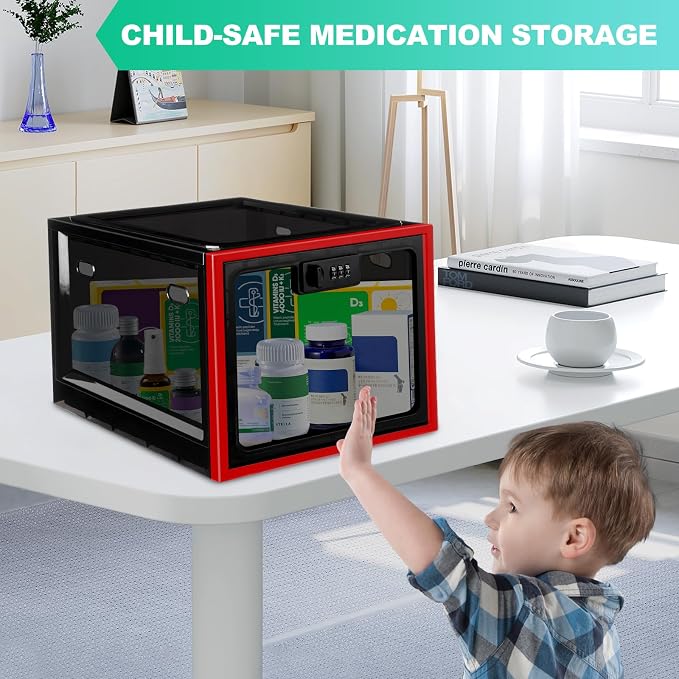 Medication Lock Box with Code, 12.6L Large Lockable Storage Box for Medicine, Snacks, Phone, and Electronics - BPA-Free, Clear Design with Charger Holes for Home, Office, Dorm, and Fridge