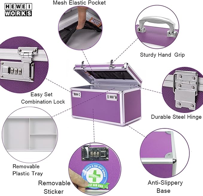 Locking Box with Portable Storage Case, 15''x 8.7''x 9.3'', Childproof Medicine Organizer with Combination Lock, Lockbox for Important Documents & Meds, ID Documents (PURPLE)
