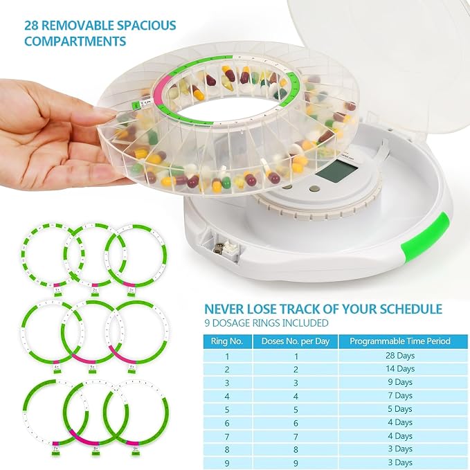 Bluetooth Automatic Pill Dispenser for Elderly with APP Alarm | Medication Track History, Sound/Light Alert, Up to 9 Daily Doses, 28 Day Locked Medication Organizer for Dementia & Caregiver
