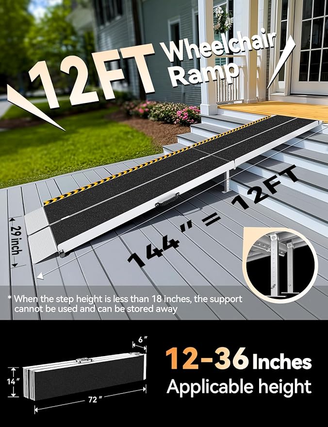 FACHNUO 12 Feet Wheelchair Ramp with Support Legs, Folded Aluminum Handicap Ramps, Portable Detachable Wheel Chair Ramp for Home Steps, Stairs, Entry, Threshold, Doorways, 800LBS Capacity