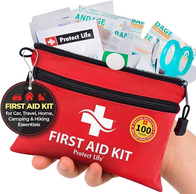 Protect Life Doctor Developed Mini First Aid Kit, 100 Piece Waterproof Emergency Kit for Car, Boat, Camping & Travel, Includes Emergency Blanket & First Aid Guide