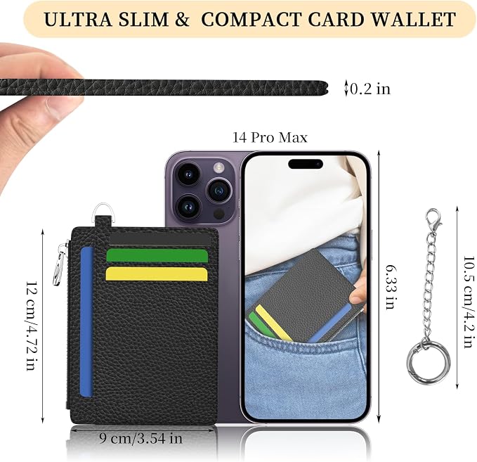 Hancynir Black Minimalist Small Wallet Women Credit Card Holder Slim RFID | Zipper Keychain Wallet, Key Chain, Travel Coin Front Pocket, Ladies Women Men Gifts, Thin Card Case, 6 Card Slots, PU Leather