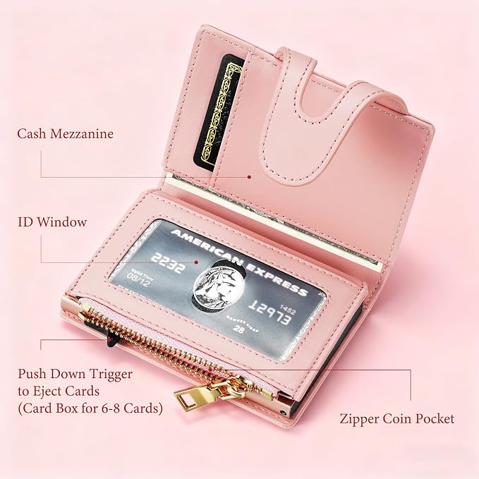 Small Card Wallet Women: Rfid Leather Smart Pop Up Wallets | Ladies Mini Card Holder Slim Minimalist with Zipper Coin Pocket ID Window - Gifts for Wife Mother on Anniversary Birthday