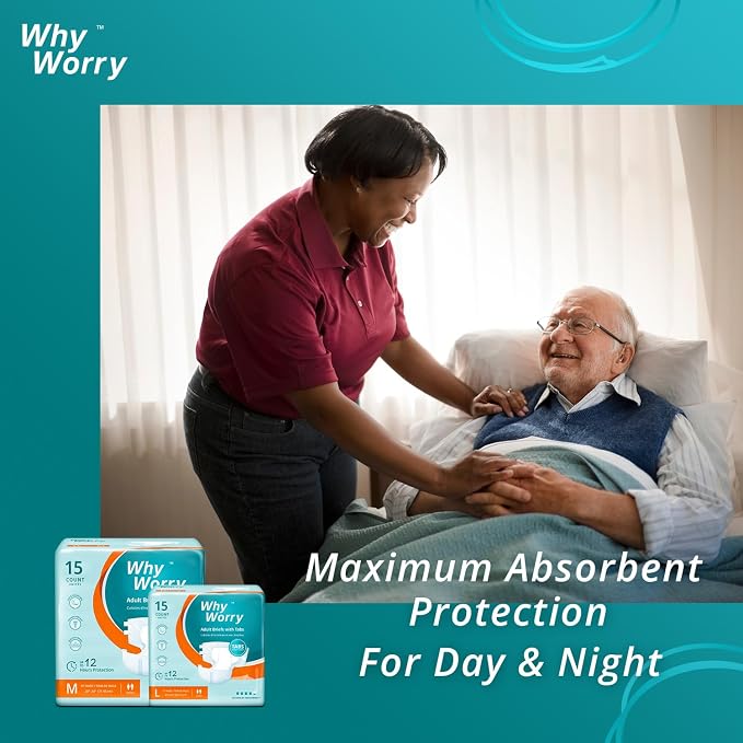 WhyWorry Adult Diapers with Tabs, Maximum Absorbency, Small, 60 Count | Disposable Incontinence Briefs, for Women & Men, Leak-Proof Diaper, Overnight Protection, Odor Control, Unisex, 4 Packs of 15