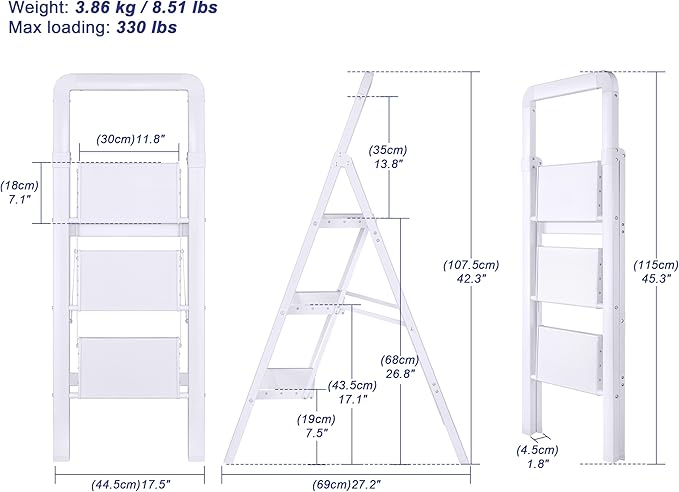 Step Ladders Folding 3-Step White Finish Aluminum Foldable Step Stool,Anti-Slip Portable Sturdy for Home & Kitchen Office 330 lbs