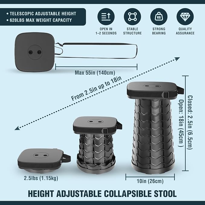 Collapsible Stool for Adults, 3-in-1 Cushion + Bag, 620 lbs, Square | Heavy-Duty Telescoping Stool 2.5-18in, 3-in-1 Square Cushion Bag + Drink Holder; Travel, Sports, Camping, Gardening
