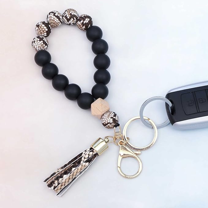 BAOSIWA Silicone Key Ring Bracelet Wristlet Keychain Unique Beaded Bangle Key Chains for Women with Leather Tassel