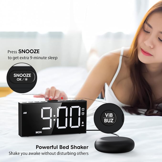 Mesqool Loud Alarm Clock with Bed Shaker & Dual Alarms, USB Port | Extra loud Vibration Alarm Designed for Heavy Sleepers & Hearing Impaired. 5-level Dimmer, Battery Backup, Snooze & DST