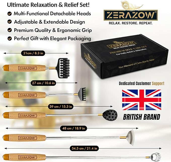 ZERAZOW® Extendable Back Scratcher for Men & Women, Telescoping Wooden Back Scratcher Set with 5 Detachable Heads, Head & Scalp Scratcher, Back Massager Stick, Fathers Day Gift