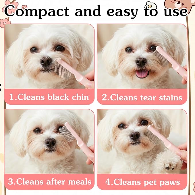 Pet Facial Grooming Comb, Stainless Steel Dog Eye Comb, Dog Flea Comb, Round-Tip Arc Teeth, Stress-free Tear Stain Remover for Dogs & Cats Fit Yorkie, Shih Tzu, Maltese Maltipoo Pomeranian