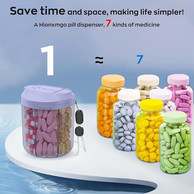 Pill Organizer with 7 Large Compartments, Pill Dispenser 4.4" H x 3.6" Dia for Travel, Supplement Organizer with Anti-Mixing Design, BPA-Free Pill Container with 20 Pcs Labels, Purple