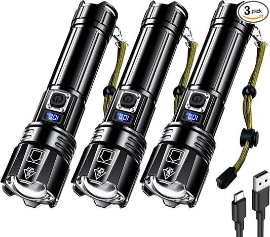AKNEAR Rechargeable LED Flashlight High Lumens, Super Bright Flashlights with Zoomable & USB C Rechargeable & 5 Light Mode & Waterproof, Powerful Flash Light for Home, Hiking (Digital Display, 3 Pack)