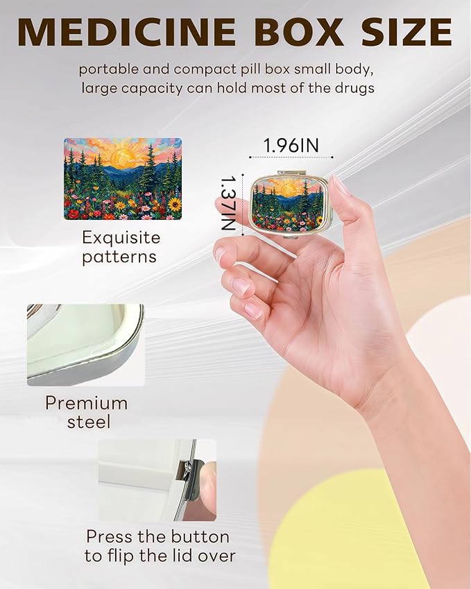 LRITER Pill Case, 2 Compartment Portable Small Travel Pill Organizer for Purse and Pocket, Stylish Medicine Case with Multiple Patterns, Daily Pillbox for Home & Travel (Sunset Forest)