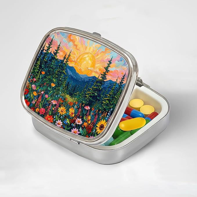 LRITER Pill Case, 2 Compartment Portable Small Travel Pill Organizer for Purse and Pocket, Stylish Medicine Case with Multiple Patterns, Daily Pillbox for Home & Travel (Sunset Forest)