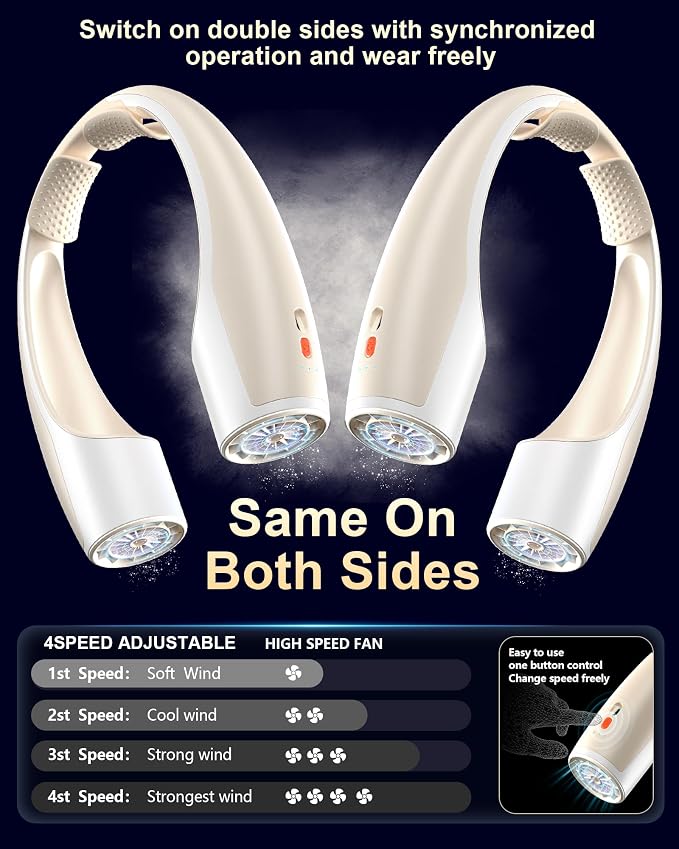 Rohent Portable Neck Fans that Blow Cold Air for Indoor: Faster Cooling Fans That Blow Cold Air Ultra Quiet - High Velocity USB Rechargeable Cordless Fan for Home, Office, Kitchen, Desk Use - Beige