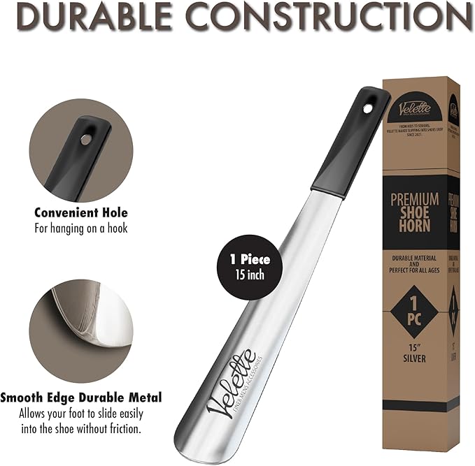 Velette Metal Shoe Horn Long Handle for Seniors - 15" Long Shoe Horns for Men, Women and Kids - Boot Horns, Shoehorn Long-Handle, Shoes Spoon, Stick Helper for Cowboy Boots, Sneakers, Dress Shoes