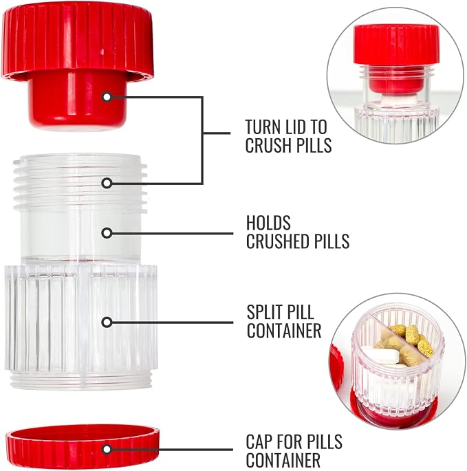 HealthSmart Pill Crusher and Grinder, Crushes Vitamins and Tablets, Holds Up to 2 Pills, With Ergonomic Grips, Red
