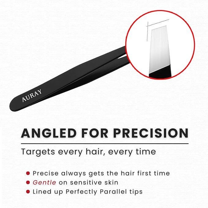 Eyebrow Tweezers Women Facial Hair, Stainless Steel Facial Hair Removal Precision Tweezer for Men & Women in Black, Slanted Tip Eyebrow Plucker for Easy Plucking, Professional Tweezers by AURAY (10)