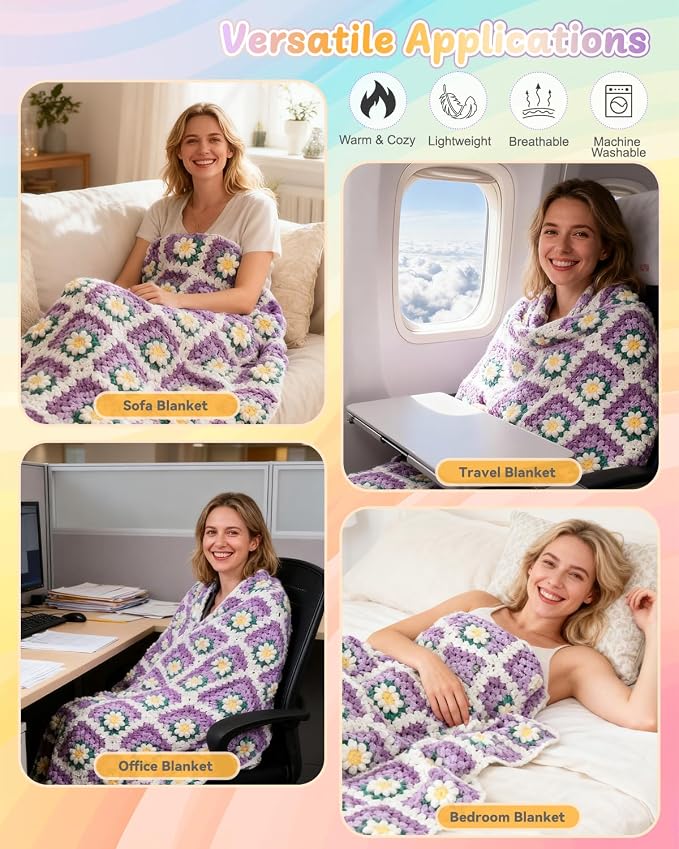 Coopay Crochet Blanket Kit for Beginners, Easy 3D Granny Square Blanket Kit | Crochet Kit W/Video Tutorial & Digital Instructions, All Accessories Included, Easy Knitting to Create Granny Square Blanket