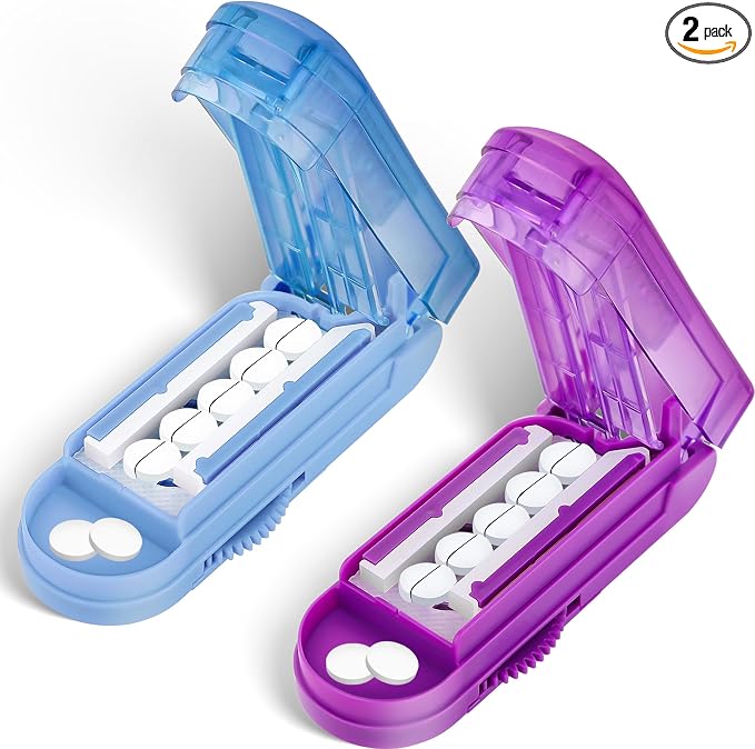 DUBSTAR 2PCS Pill Cutter Splitter for Small and Tiny Pills, Multiple Pill Cutters for Small or Large Pills, Adjustable Pill Splitter with Centering Device and Blade Guard (Purple+Blue)