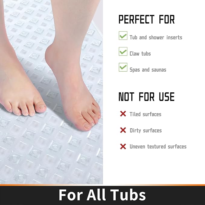 Yimobra Non Slip Bath Mat, Super Strong Suction Cups,34.5"x15.5"Long Tub Mat with Drain Holes, Machine Washable Fast Draining Shower Mats, Bathroom Essentials,Clear