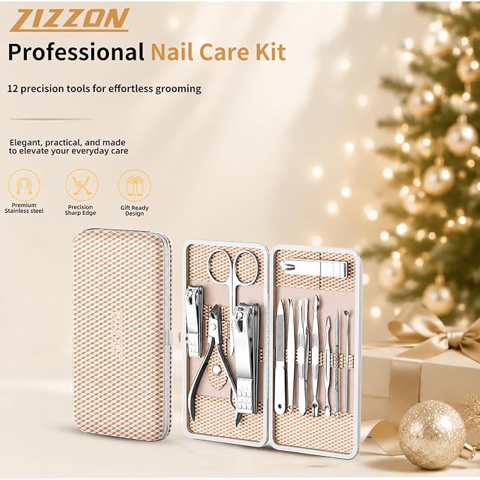 Manicure Set, Stainless Steel Nail Clipper Set with Luxurious Travel Case | 12-Piece Set with Thicker Steel, Precision-ground Cutting Edges, and Smooth-finished Tools for Clean, Precise Trimming.
