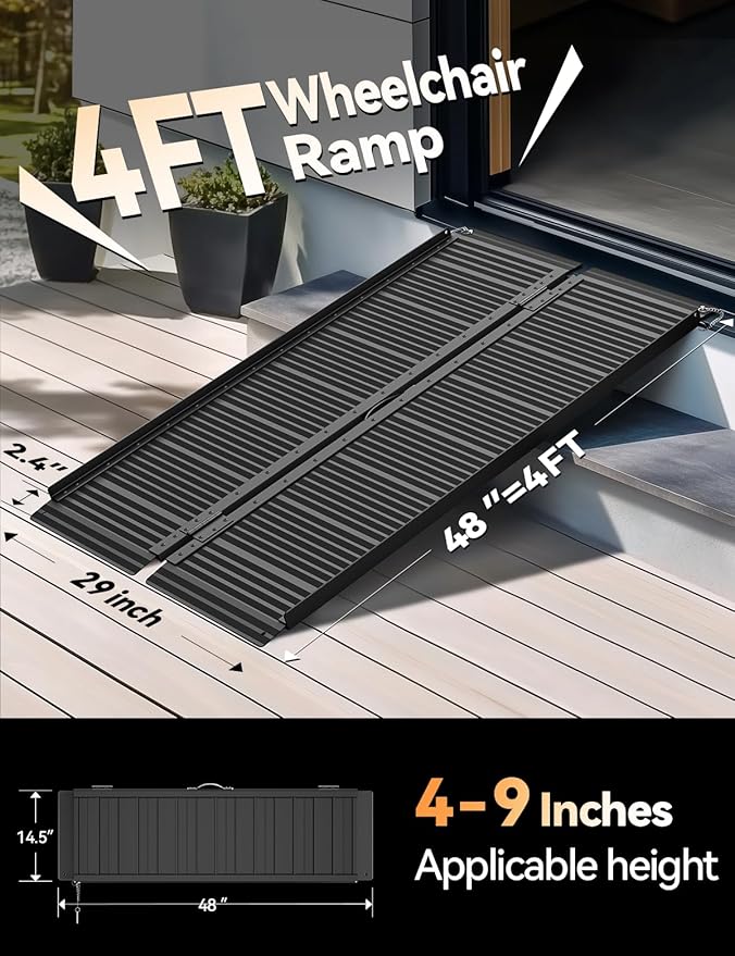 Black Aluminum Ramp 4FT, With Non-Slip Surface Wheelchair Ramp, Folding Portable Wheelchair Ramps for Home Steps,Scooter Ramp for Car, Stairs, Doorways, Curbs, 800 LBS Weight Capacity, 28.3" W x 48''L