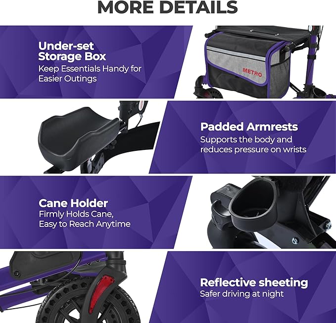 Metro Mobility Rollator Walker with Seat for Seniors, Foldable Lightweight Rolling Walker, 10" Big Front Shock-Absorbing Honeycomb Wheels for All Terrain, 300 lb. Weight Capacity, Purple
