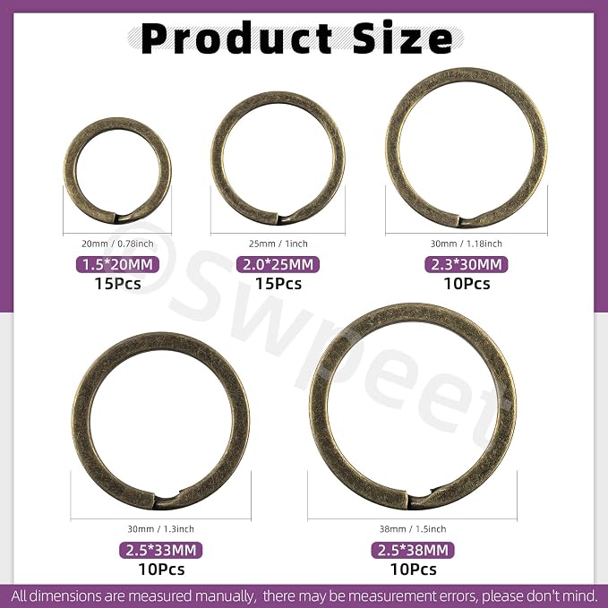 Swpeet 60 Pcs Bronze Assorted Multi-Purpose Metal Keychain Rings Split Keyrings Flat O Ring for Home Car Keys Attachments Keys Pendants - 20mm, 25mm, 30mm, 35 mm, 38 mm