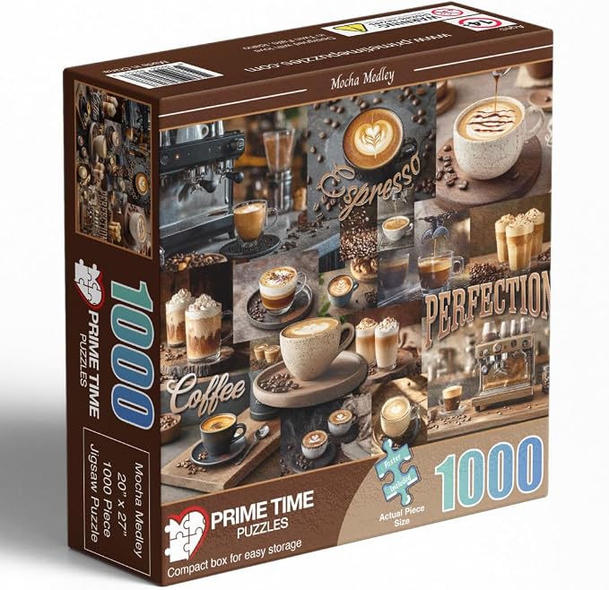 Adult Jigsaw Puzzle 1000 Piece Coffee Latte | Mocha Medley collage design featuring espresso and latte art. — Great for game nights on a table, puzzleboard, or floor.