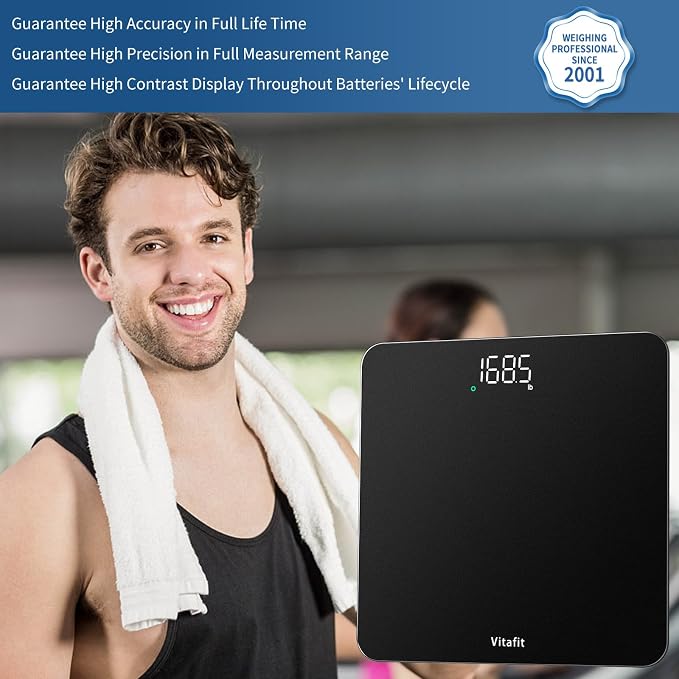 Vitafit Scale for Body Weight, Accuracy 0.1lb by Our Professional Scale Factory Since 2001, Digital Bathroom Weight Scale LED and Step On, 3xAAA Battery Included, 400lb/182kg, Spray Silver Black