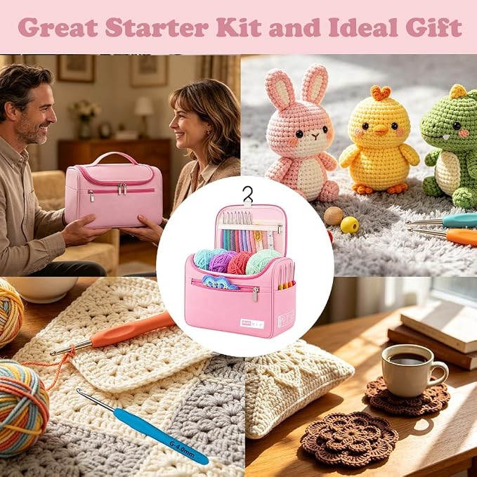 Yarniss Complete Crochet Kit for Beginner Adults, All in One Crochet Kit with 1120 Yards Yarn, 12 Ergonomic Crochet Hooks, Step by Step Video Tutorial, Pink