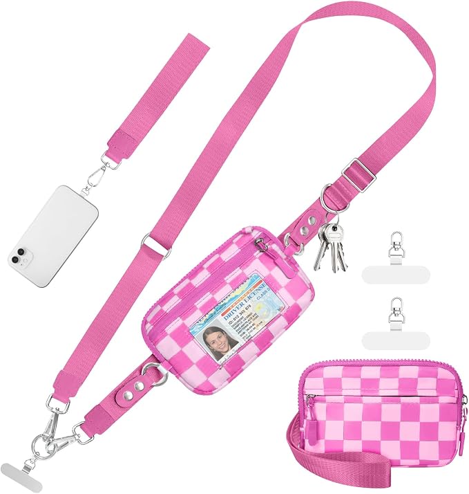 Tiostep Clip and Go Strap for Phone with Wallet Crossbody Phone Lanyard Adjustable and Detachable RFID Wristlet Wallet (Hot Pink Checkered, Medium)