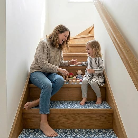Breling 15 Pcs Blue and White Floral Stair Treads for Wooden Steps 8x30 Inches Stair Treads Indoor Non-Slip Carpet Runner Decorative Long Rugs Safety Mats for Indoor Carpet Covers Elders and Dogs