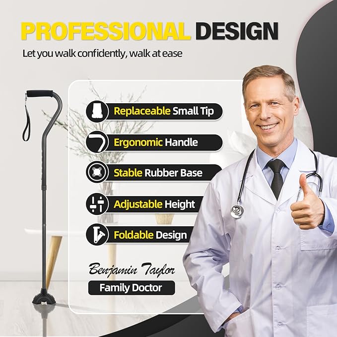 BeneCane Walking Cane Adjustable Cane with Offset Soft Cushioned Handle for Men & Women Lightweight Comfortable Extra Stability Base Mobility Aid for Men Women and Seniors