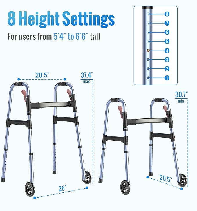 HOMLAND Standard Walkers for Seniors, 6.5lb Lightweight Foldable Walker | One-Hand Folding, 8 Height Adjustments, 350lb Capacity, Easy to Assemble, 2 Skis, 5" Wheels, Aluminum Frame, Ocean Blue