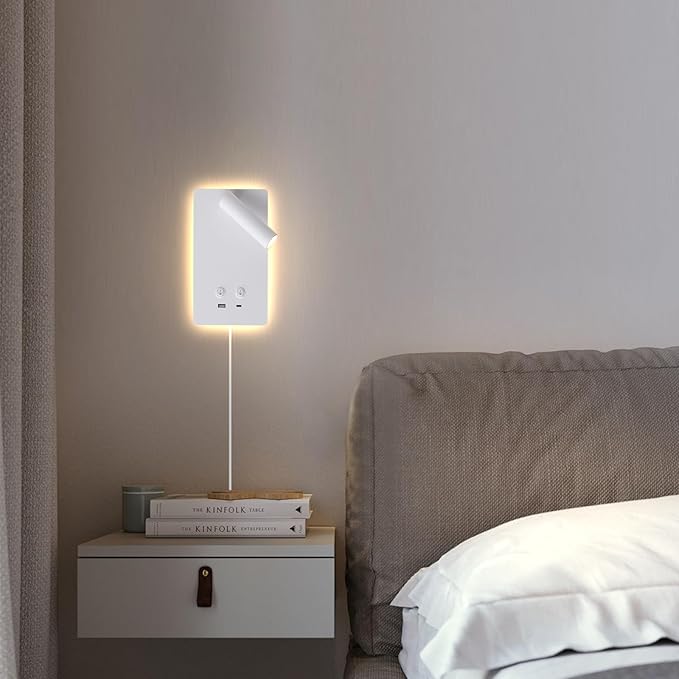 LED Wall Lamp Wall Mounted Reading Lights with 3 Brightness Dimmable, Adjustable Headboard Plug in Wall Sconce with USB C+A Ports, Bed Side Lamp with 9W+3W Night Light 3000K