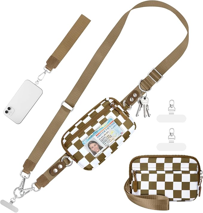 Tiostep Clip and Go Strap for Phone with Wallet Crossbody Phone Lanyard Adjustable and Detachable RFID Wristlet Wallet (Camel Checkered, Medium)