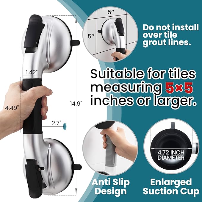 TAILI Grab Bars for Bathtubs and Showers,2 Pack Shower Handles for Elderly Suction,Maximum 330lbs,Shower Grab Bar with Upgraded Rubber Suction Cups, Safety Grip for Senior, No Drilling Removable,Black