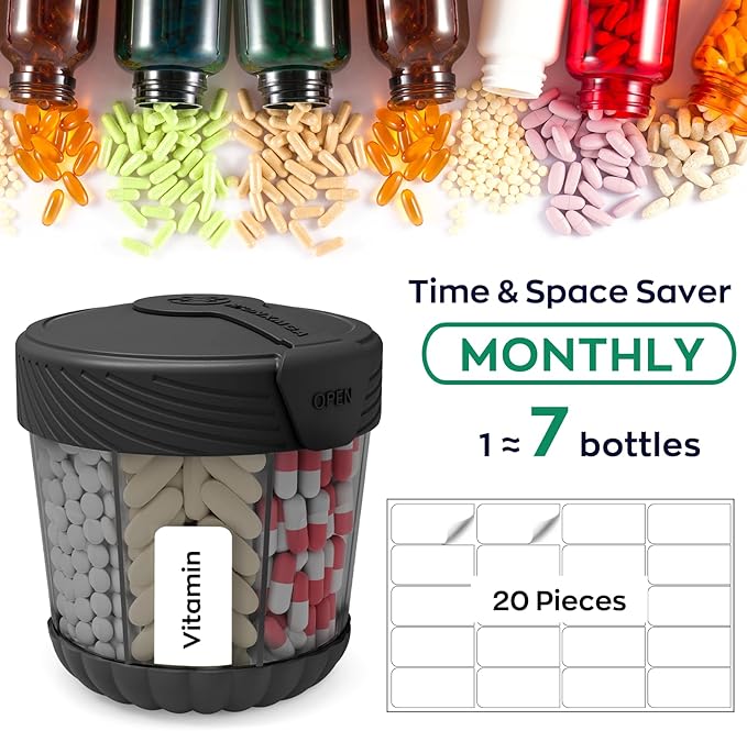 Pill Dispenser with 7 Large Compartments,Portable Pill Bottle Organizer for Travel,Anti-Mixing Supplement Organizer Easy Twist Wide-Opening Pill Container with 20Pcs Labels,Translucent Black