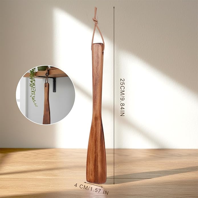 9.9" Wooden Shoe Horn Short Handle Wood Shoehorn with Leather Lanyard Lazy Aid Tool Travel Shoehorns for Men Women Seniors Pregnancy