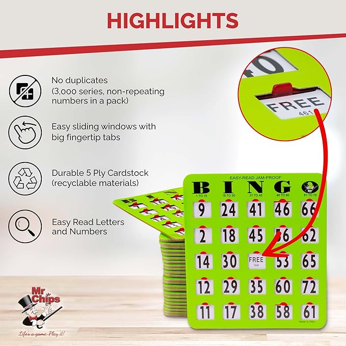 MR CHIPS Complete Bingo Game Set with Jam-Proof Shutter Cards – Easy Read Green Edition – 50 Reusable Large Print Bingo Cards with Sliding Windows, Master Board & Calling Cards – No Chips Needed