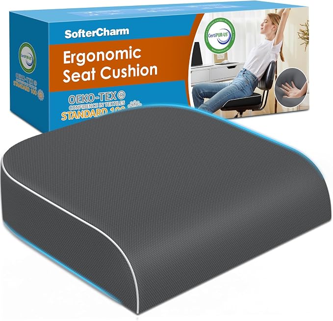 Seat Cushion, Memory Foam Office Chair Cushion, Gray, Large | Office Desk Accessories, Butt Pillow for Long Sitting Sciatica, Coccyx, Tailbone, Hip Pain Relief - for Home, Car, Airplane