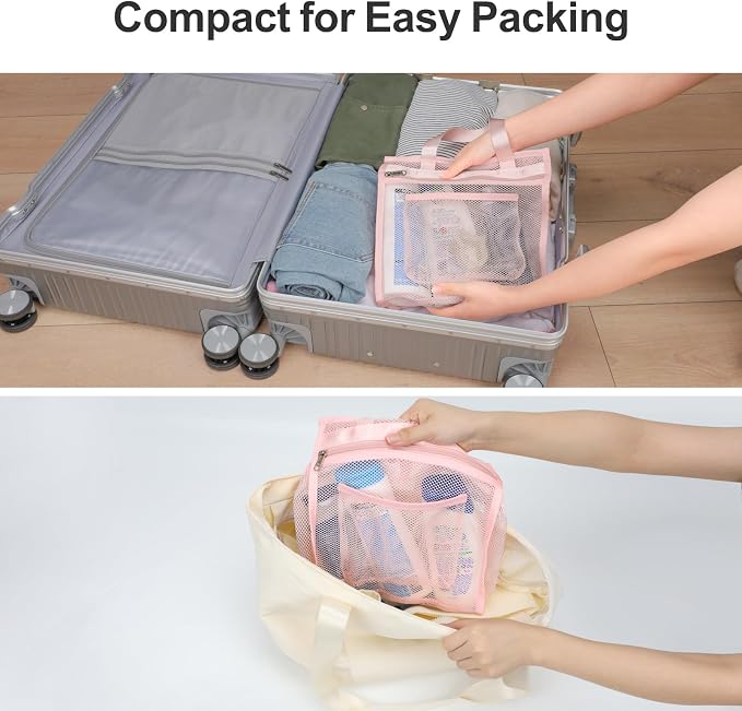 Small Mesh Shower Caddy Portable - Zipper Gym Shower Bag for Travel, Pink | 3 Pockets, Quick-Dry Mesh, S-Hook, Hanging Shower Caddy for Toiletry Essentials, Bathroom & Camping